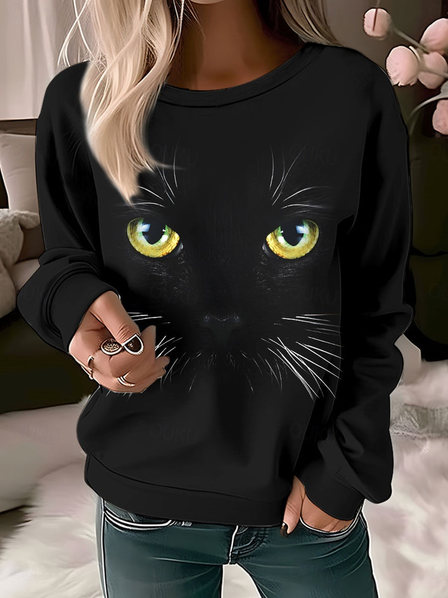  Women's Hoodie Sweatshirt Cat Street Dailywear Print Fashion Casual Crew Neck Long Sleeve Micro-elastic Fall Winter Comfrt Breathable Soft Fabric