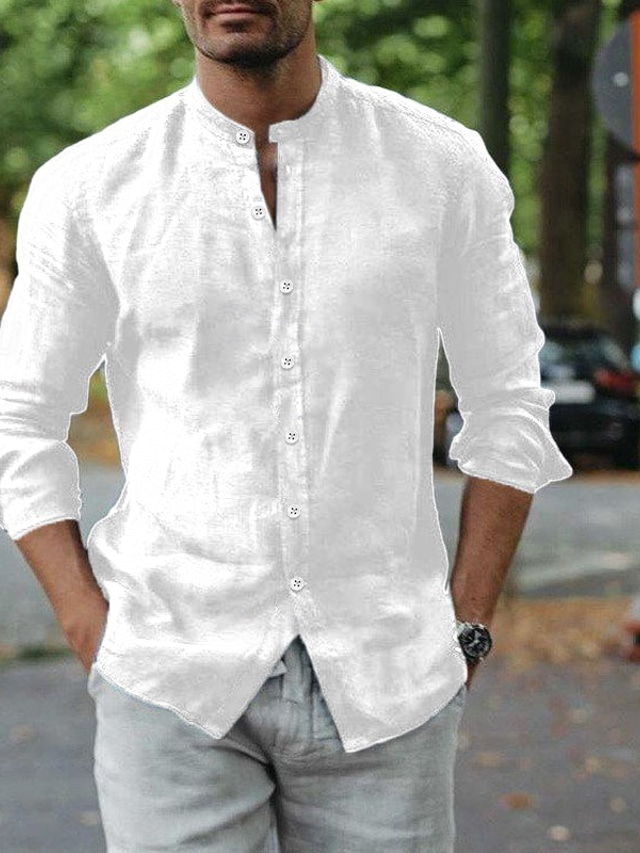  Men's Shirt Band Collar Shirt Summer Shirt Button Up Shirt Casual Shirt Black White Long Sleeve Plain Band Collar Daily Vacation Clothing Apparel Cotton Cotton Blend Fashion Casual Comfortable