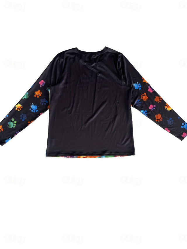  Women's T Shirt Casual Print Long Sleeve Regular Tops Crew Neck Daily Black Spring Fall