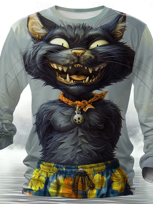  男性用 猫 Tシャツ 長袖 Tシャツ 3Dプリント クルーネック シャツ デザイナー レトリ／ヴィンテージ ストリート カジュアル 日常 イエロー ルビーレッド ブルー 夏 春 秋 衣類 S M L XL XXL XXXL
