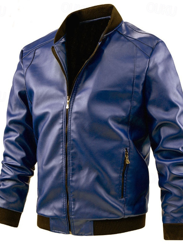  Men's Faux Leather Jacket Biker Jacket Patent Leather Jacket Daily Vacation Windproof Warm Pocket Fall & Winter Plain Fashion Classic Stand Collar Regular Faux Leather Black Yellow Dark Blue Jacket