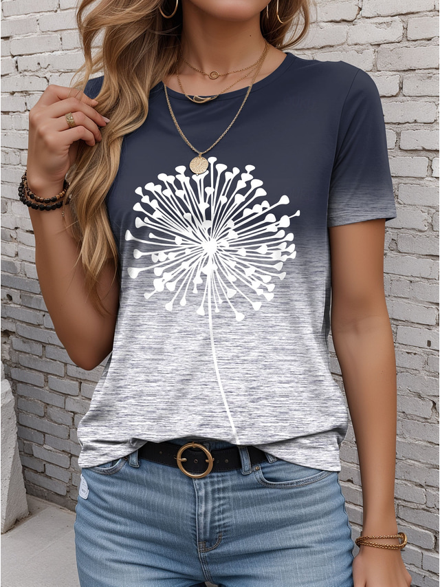  Women's T Shirt Casual Print Short Sleeve Regular Tops Daily Navy Blue Summer