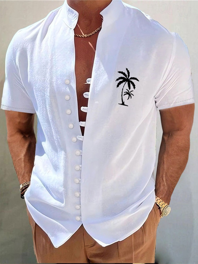  Hombre Árbol de coco Estampados Camisa Manga Corta Camisa Escote Chino Exterior Calle Blanco Azul Piscina Caqui Gris Estampado Ropa Moda Ropa de calle Design Casual