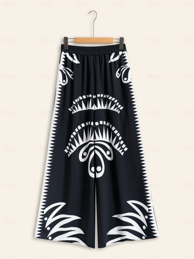  Satin Wide Leg Printing Black Pants