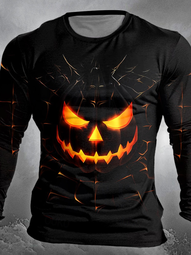  Halloween Men's Pumpkin T shirt Long Sleeve T shirt 3D Print Crew Neck Shirt Designer Retro Vintage Street Casual Daily Black Summer Spring Fall Clothing Apparel S M L XL XXL XXXL