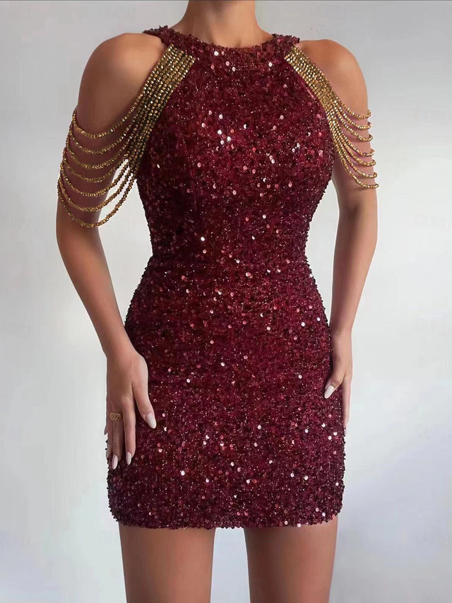  Abiti da Cocktail in Sheath con Paillettes Vestito da Festa Vestito di Ritorno a Casa Festivo Corto  Mini Senza Maniche Scollo Gioiello vestito da impressionare