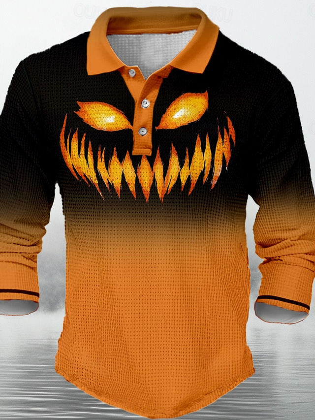  Halloween Grimace Horror Men's Waffle Polo Shirt Polo Shirt Long Sleeve Party Evening Spring Fall Winter Button Collar Orange Micro-elastic Polyester