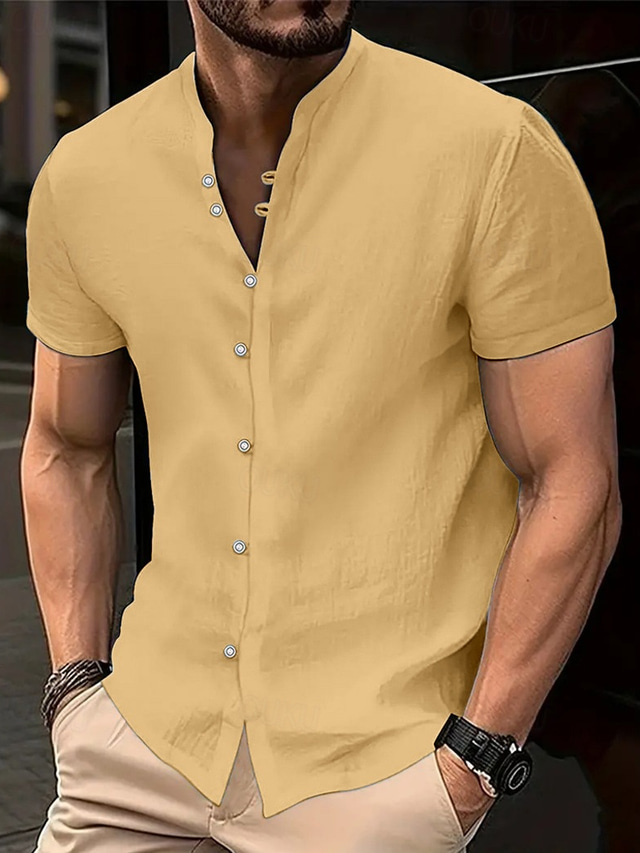  Men's Shirt Linen Shirt Summer Shirt Beach Wear Button Up Shirt Band Collar Shirt Black White Yellow Blue Short Sleeve Plain Collar Summer Casual Daily Clothing Apparel