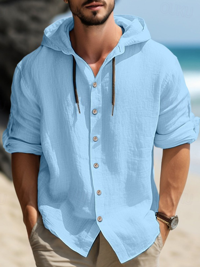  Men's Shirt Linen Shirt Calico Shirt Hooded Shirt Black White Blue Green Long Sleeve Plain Hooded Spring & Summer Casual Daily Clothing Apparel Button