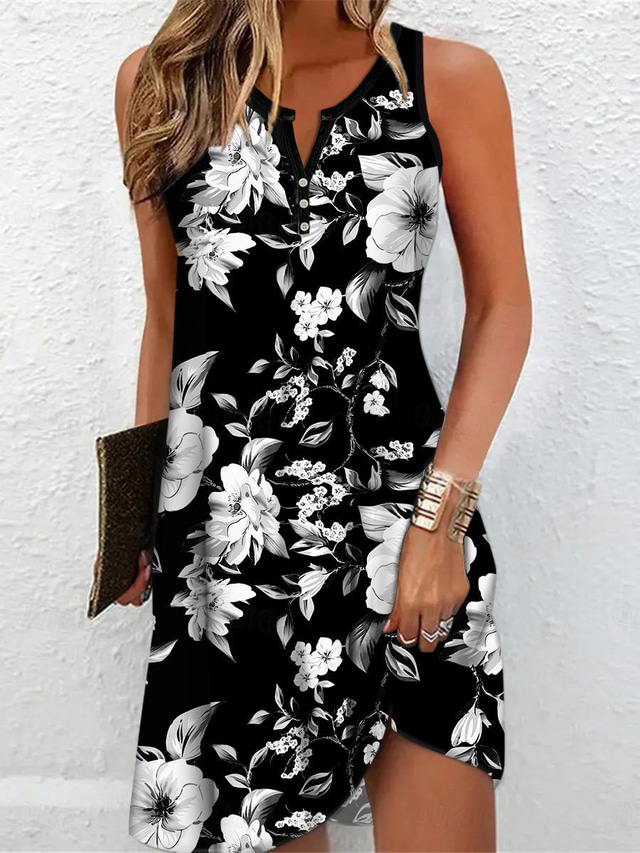  Robe Mini Femme Robe Petite Robe Petite Robe T Shirt Robe Tee Robe de Plage Robe d'Été Mode Active Streetwear Extérieur Vacances Décontracté Ajustement Régulier Floral Sans Manches Col Fendu Noir