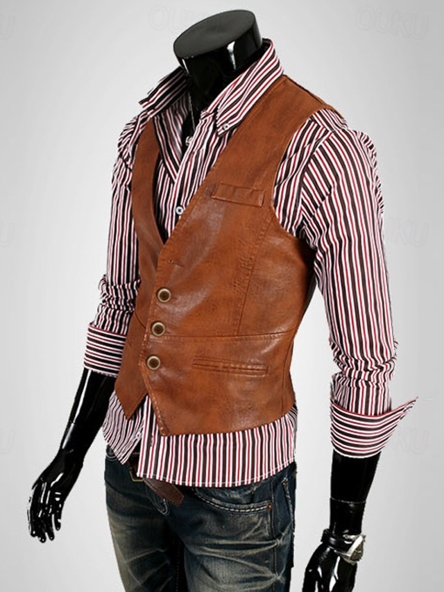  Men's Vest Gilet Leather Vest Daily Date Vacation Fashion Casual Spring &  Fall Button Pocket Polyester Comfortable Plain Single Breasted One-button V Neck Regular Fit Black Brown Vest