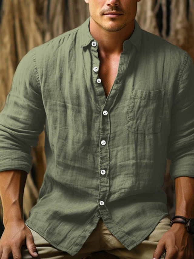  Men's Shirt Linen Shirt Summer Shirt Beach Wear Button Up Shirt Casual Shirt Blue Army Green Long Sleeve Plain Lapel Spring &  Fall Casual Daily Clothing Apparel Pocket