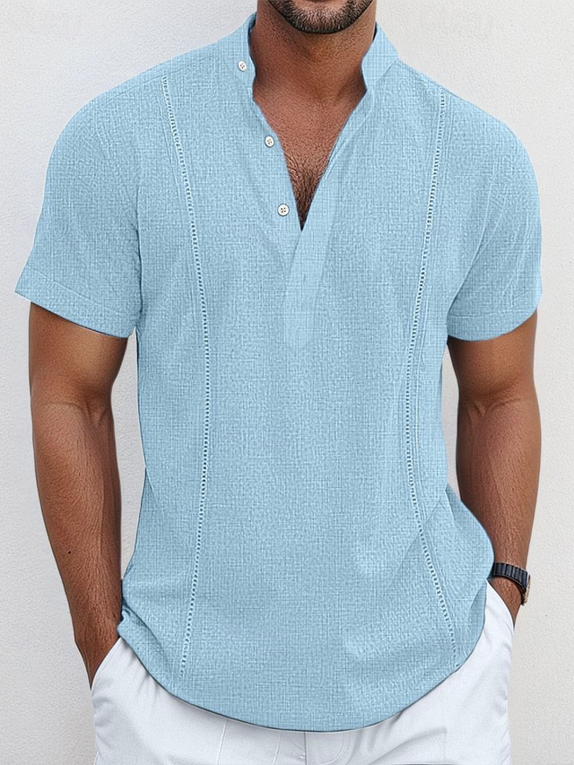  Homens Camisa Social camisa de linho Camisa Guayabera Camisa Popover camisa de verão Roupa de Praia Branco Azul Marinha Azul Verde Manga Curta Tecido Colarinho Verão Casual Diário Roupa