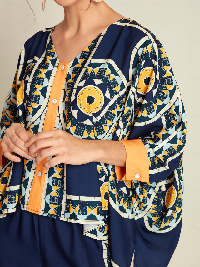  Women's Blouse Navy Blue Folk Magyar Long Sleeve V Neck Irregular Hem Casual Daily Cross Seasons