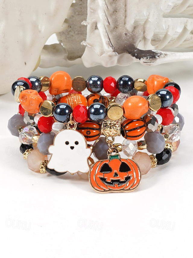  Women's Colorful Halloween Beaded Bracelet with Pumpkin and Bat Charms for Festive and Party Wear