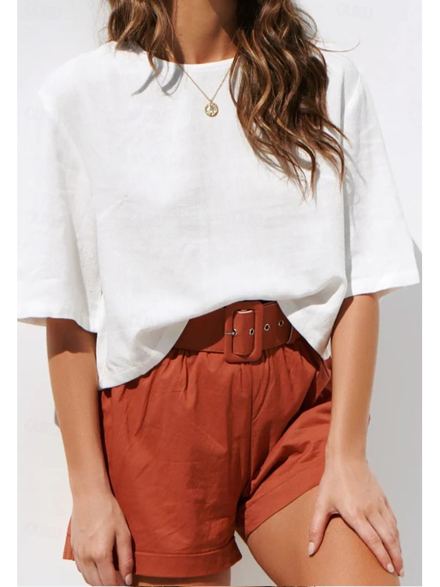  Women's Shirt Linen-Inspired Shirts Button Up 3/4 Length Sleeve Crew Neck White Summer Spring Fall