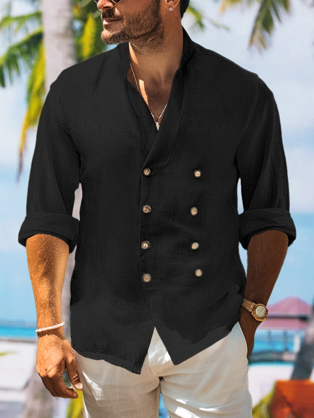  Homme Chemise Chemise Lin Chemise à col officier Chemisette Chemise d'été Tenues de plage Chemise boutonnée Noir Blanche Bleu manche longue Plein Col Mao Printemps été Casual du quotidien Vêtement