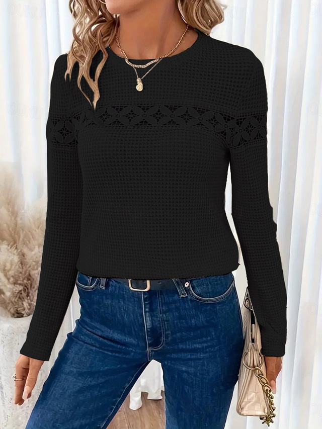  Γυναικεία Λευκά Κομψά Τοπ Λατέξ Μπλούζα Eyelet Κλασικά Μακρυμάνικα Τακτικά Τοπ Crew Λαιμό Καθημερινά Ρομαντικά Μικροσκοπικά Τοπ Καλοκαιρινά Διακοπών Μαύρα Λευκά Κόκκινα Ανοιχτό Καφέ Άνοιξη Φθινόπωρο