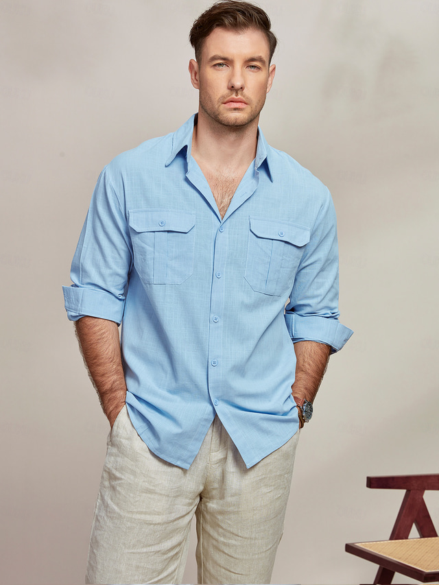  Homme Chemise Chemise en lin et coton Chemisette Chemise d'été Tenues de plage Chemise boutonnée Chemise décontractée Noir Blanche Bleu manche longue Plein Revers Printemps été Casual du quotidien