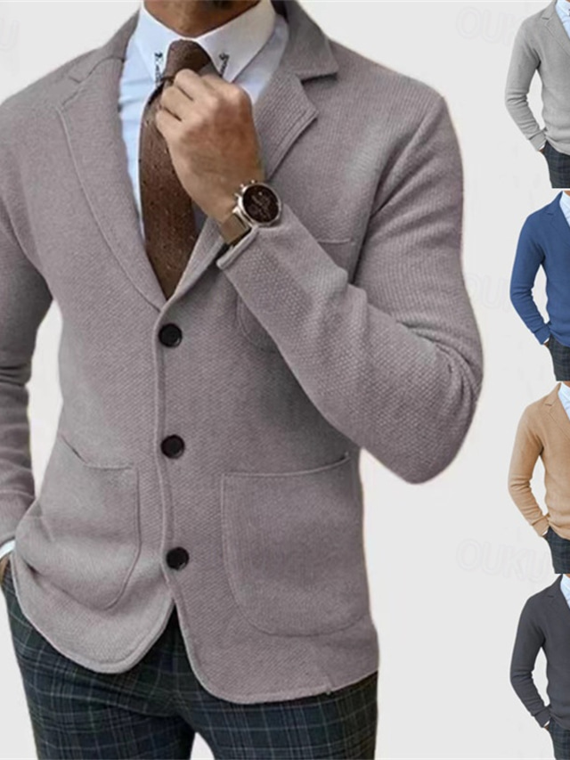  Men's Lightweight Jacket Casual Jacket Blazer Daily Vacation Soft Pocket Fall & Winter Plain Fashion Classic Lapel Regular Black Blue Khaki Light Grey Army Green Jacket