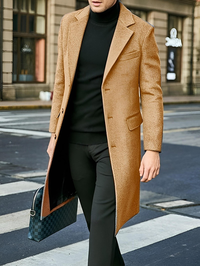  Male Overcoat Coat Trench Coat Daily Wear Buckle Fall & Winter Solid / Plain Color Leisure Lapel Long Camel Black Gray Jacket