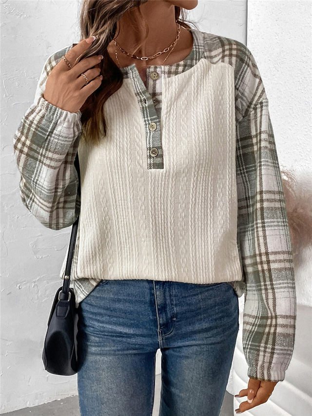  Women's T Shirt Fashion Modern Casual Plaid Regular Tops Long Sleeve Crew Neck Patchwork Buttons Print Regular Fit Daily Weekend Beige Fall Winter