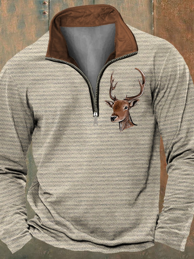  Polo vintage con ciervo navideño para hombre, polo con cremallera, manga larga, ropa informal de uso diario, primavera y otoño&Cuello con cremallera de invierno con estampado 3D, poliéster