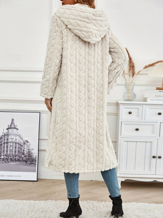  Women's Hooded Coat Jacket Longline Cable Knit Soft Plush Warm Winter Outerwear Beige Single Button Casual Long Sleeve Fall Winter