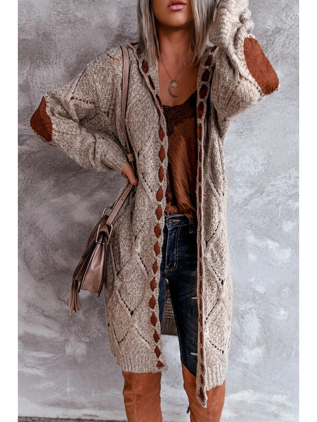  Women's Cardigan Vintage Streetwear Daily Geometric Cable Hooded Lace up Long Sleeve Long Tops Knit Work Holiday Going out Khaki Fall Winter