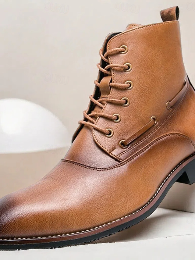  Men's Classic Brown Faux Leather Lace-Up Ankle Boots - Versatile Dress Boots for Professional and Casual Wear