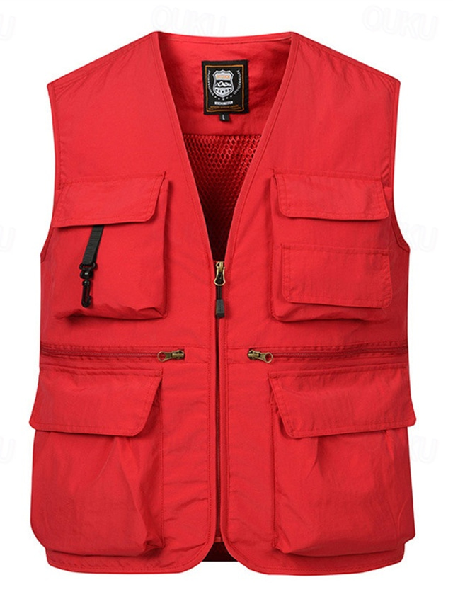  Men's Vest Gilet Fishing Vest Hiking Vest Daily Date Vacation Fashion Casual Spring & Summer Pocket Nylon Breathable Comfortable Plain Zipper V Neck Regular Fit Black Red Navy Blue Royal Blue Vest