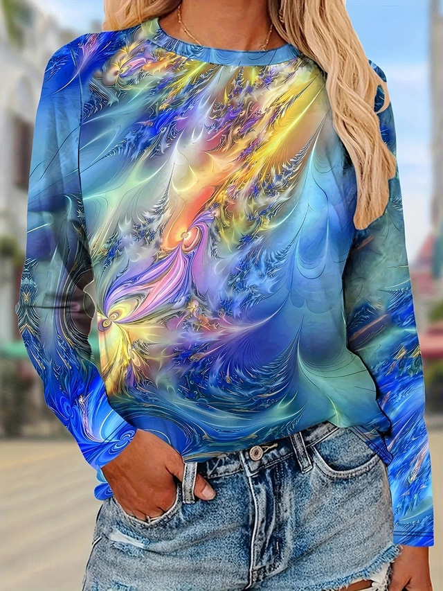  Women's T Shirt Ombre Casual Long Sleeve Crew Neck Regular Tops Daily Print Blue Spring Fall