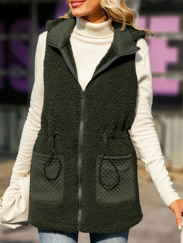  Women's Fleece Vest Teddy Coat Warm Breathable Zipper Pocket Fleece Lined Casual Plain Vacation Street Daily Wear Going out Zipper Regular Hoodie Regular Fit Sleeveless Outerwear Army Green Fall