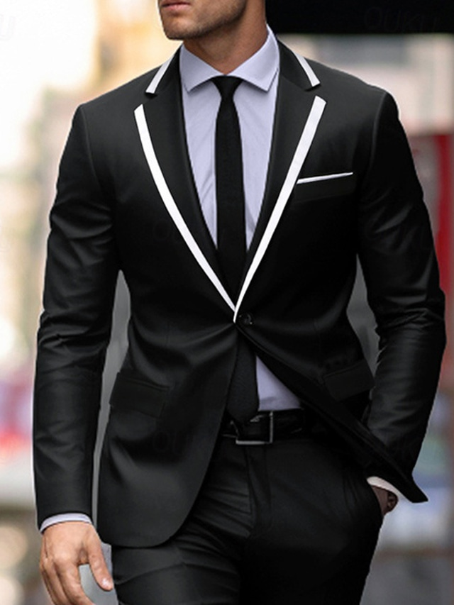  Men's Blazer Business Cocktail Party Wedding Party Fashion Casual Spring &  Fall Polyester Color Block Button Pocket Comfortable Single Breasted Blazer Black