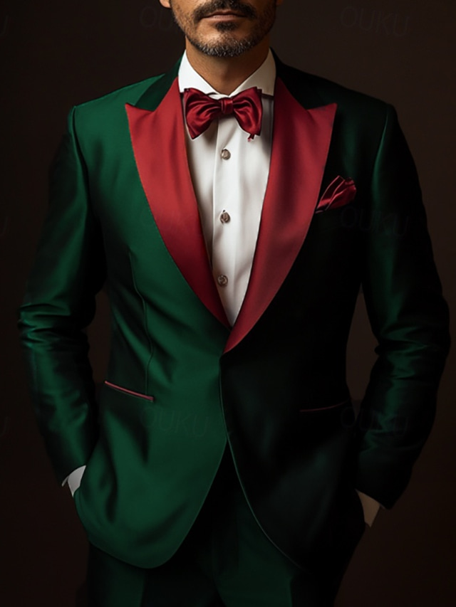  Green Men's Party Christmas Prom Suits Solid Colored 2 Piece Fashion Party Standard Fit Single Breasted One-button 2024