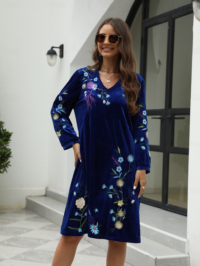  Women's Casual Dress Midi Dress Embroidered with Sleeve Valentine's Day Work Date Elegant Basic V Neck Long Sleeve Bishop Sleeve Blue Color