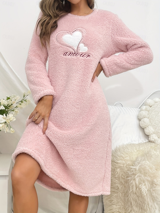  naisten lounge-asut yöpaita sydän rento mukavuus koti sherpa fleece mukavuus mekko kirjailtu kirjonta syksy talvi kotiasut