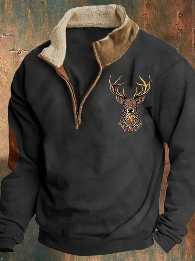  Men's Sweatshirt Quarter Zip Sweatshirt Black Navy Blue Brown Gray Half Zip Reindeer Print Christmas Daily Holiday Streetwear Casual Thin fleece Fall & Winter Clothing Apparel Hoodies Sweatshirts 