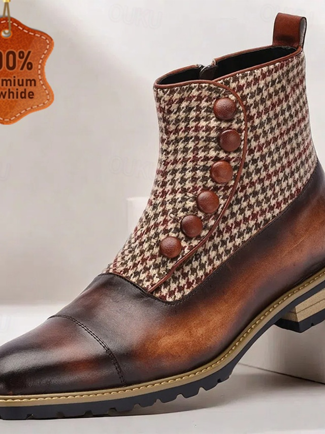  Men's Houndstooth Tweed and Leather Ankle Boots with Button-Up Detail – Vintage Style Cap Toe Dress Boots for Formal and Casual Occasions