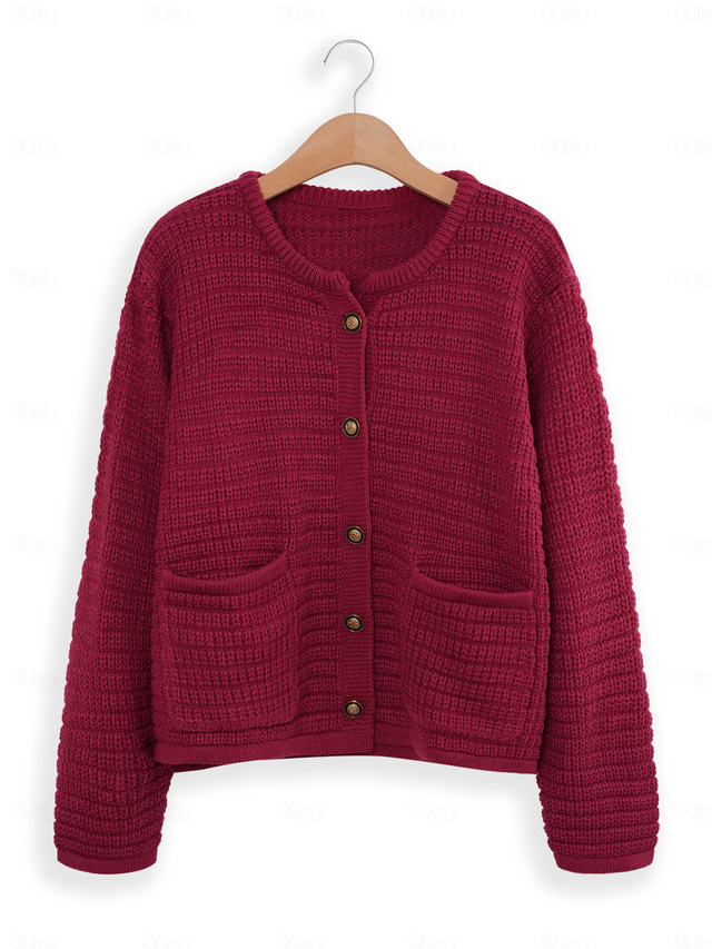  Women's Classic Cardigan Crew Neck Knitted Textured Fall Winter Formal Elegant Fashion Daily Long Sleeve Solid Color Wine Red Black