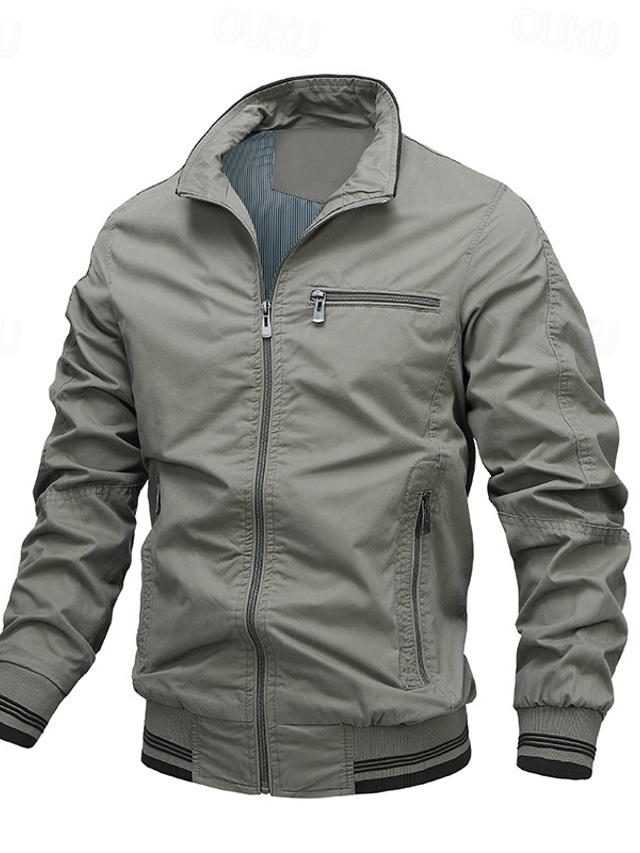  Men's Lightweight Jacket Utility Jacket Casual Jacket Daily Vacation Breathable Pocket Spring &  Fall Color Block Fashion Classic Standing Collar Regular Black Green Khaki Gray Jacket