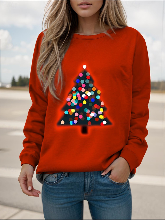  Women's Christmas Sweatshirt LED Light-Up Tree Red Long Sleeve Crew Neck Holiday Party Casual Warm Winter Clothing Apparel