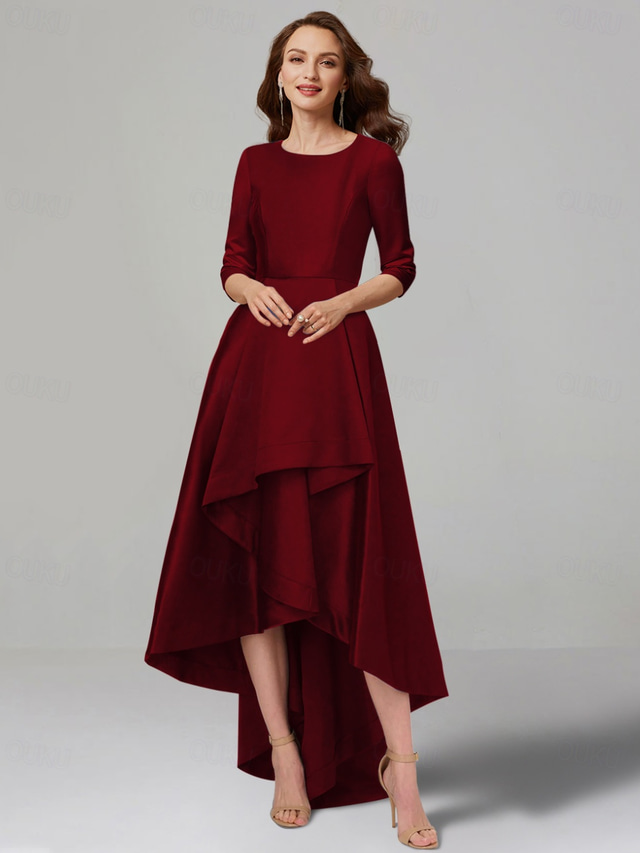  A-Line Dress Mother of the Bride Dress Elegant V Neck Tea Length Satin 3/4 Length Sleeve with Pleats Solid Color free custom size