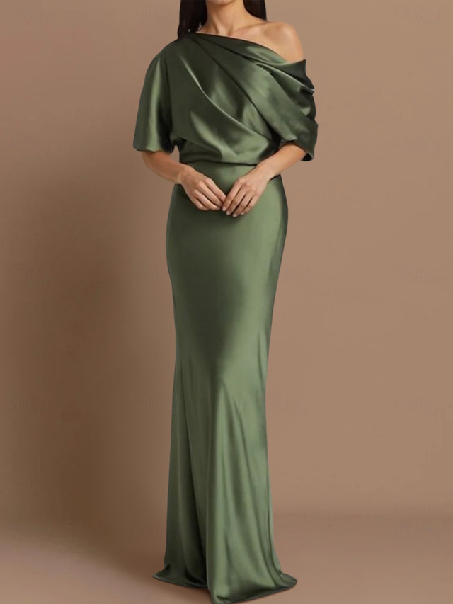 A-Line Mother of the Bride Dress Wedding Guest Elegant Off Shoulder Sweep / Brush Train Stretch Fabric 3/4 Length Sleeve with Ruffles Split Front Ruching