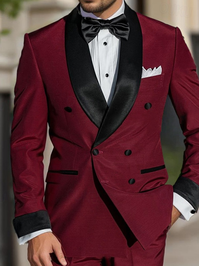 Burgundy Men's Wedding Party Prom Suits Solid Colored 2 Piece Christmas 