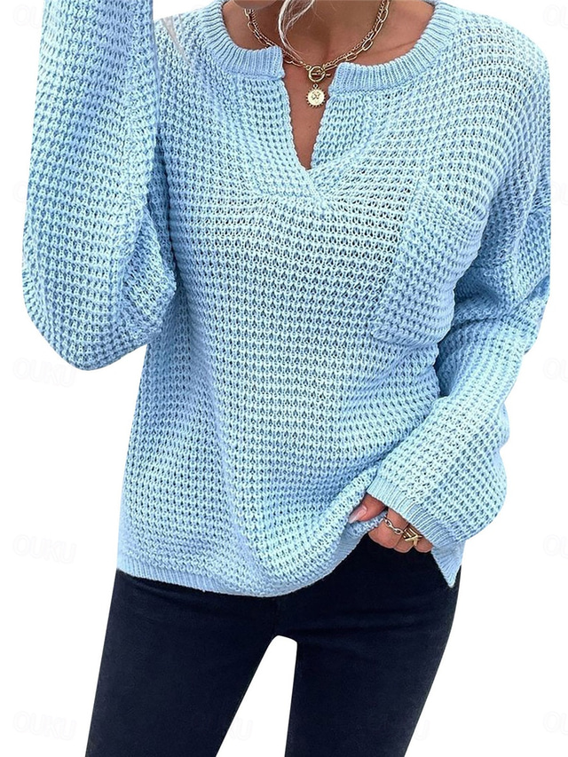  Dame Genser Pullover genser Fritid Myk Ren farge Riflet V-hals Strikket Langermet Vanlige topper Strikke utendørs Daglig Helg Blå Beige Høst Vinter