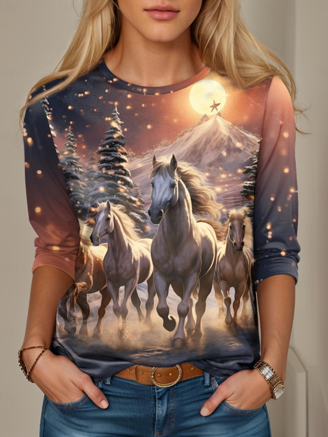  Women's T Shirt Long Sleeve Long Tops Crew Neck Party New Year Brown Spring, Fall, Winter, Summer