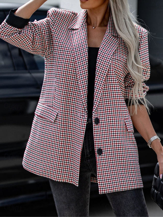  Women's Blazer Work Button Houndstooth Breathable OL Style Regular Fit Outerwear Long Sleeve Fall Red S