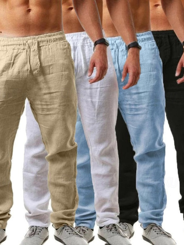  Herren Leinenhose Hose Hosen Sommerhosen Strandhose Kordelzug Glatt Komfort Atmungsaktiv In voller Länge Yoga Casual Wochenende Strassenmode Schlank Schwarz Weiß Mikro-elastisch