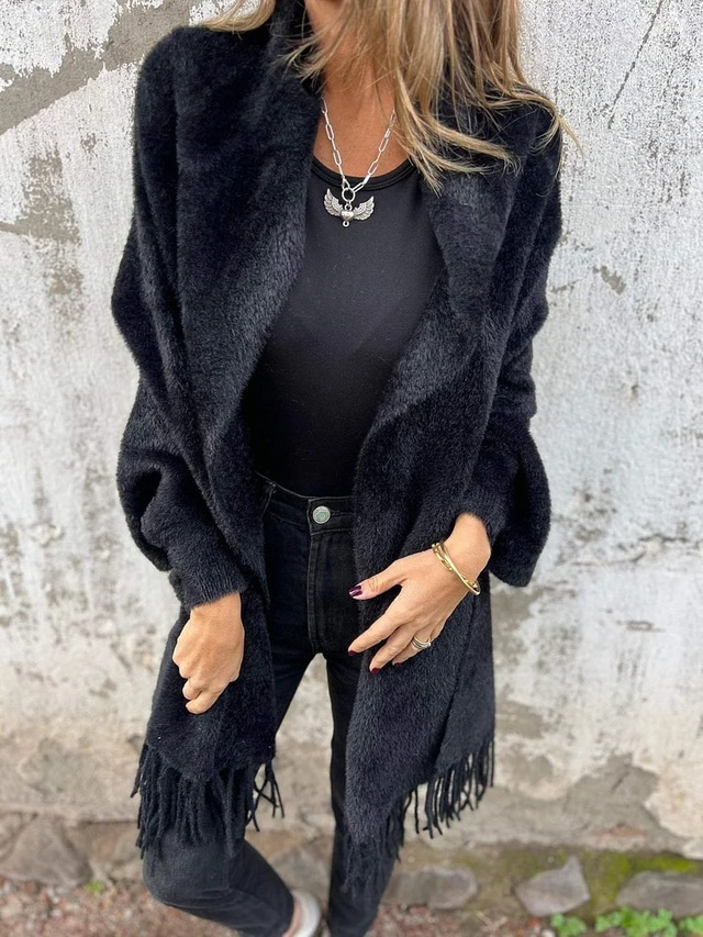  Women's Cardigan Cape Elegant Fashion Daily Solid Color Fuzzy Open Front Tassel Long Sleeve Long Tops Knit Formal Outdoor Black Camel Fall Winter